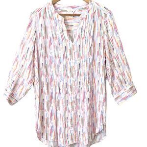 Womens Sz 1X Colorful V-Neck Pleated Button Up Fairy Beach Vacation Fun Tunic